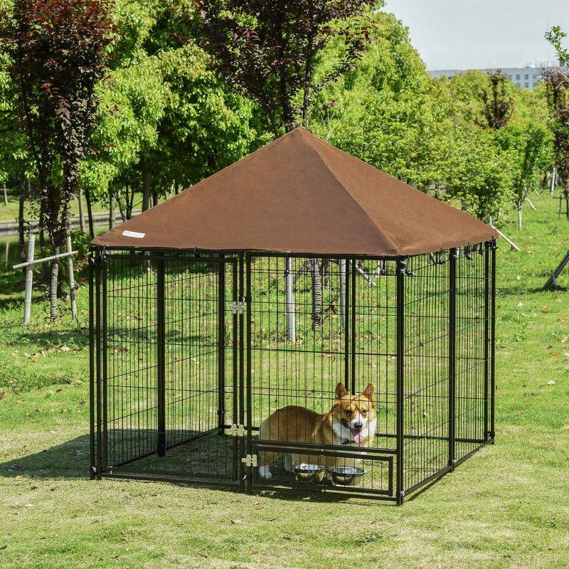 PawHut Outdoor Dog Kennel, Puppy Play Pen with Canopy Garden Playpen Fence Crate Enclosure Cage Rotating Bowl, Black