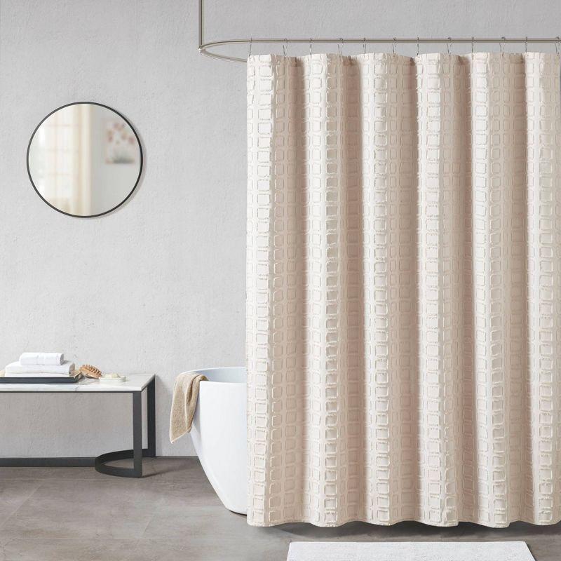 Cream Woven Geometric Textured Shower Curtain