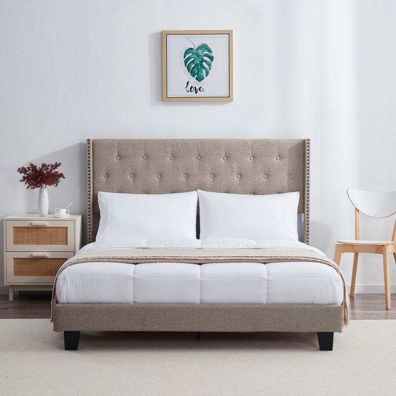 Bryt Queen Beige Linen Upholstered Platform Bed with Tufted Headboard