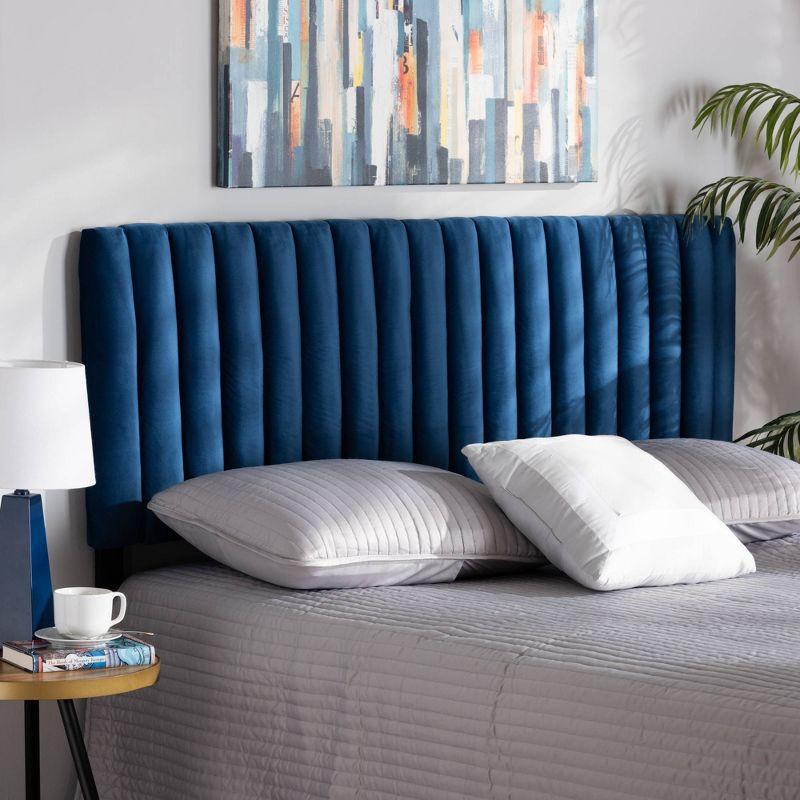 Emile Navy Blue Velvet and Dark Brown Wood Queen Headboard