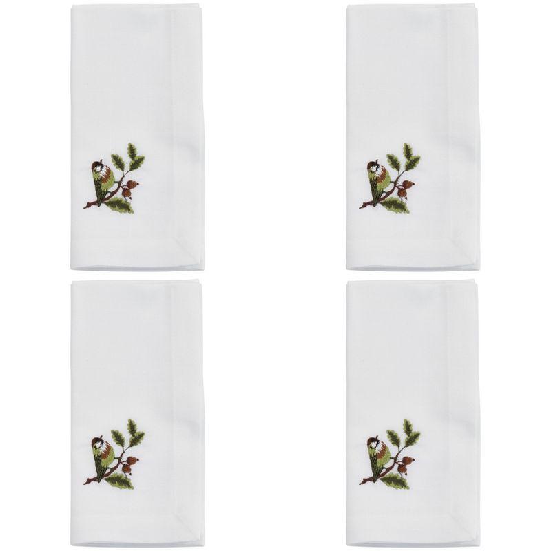 White Polyester Napkins with Embroidered Bluebird Design, Set of 4