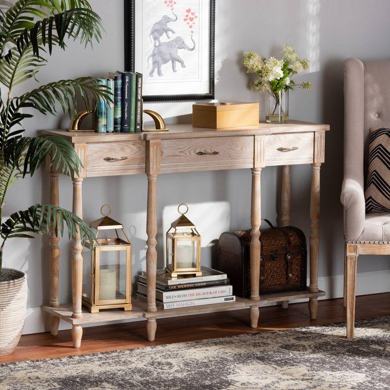 Hallan Wood 3 Drawer Console Table Oak Brown - Baxton Studio: Whitewashed, Antique Gold Tone Pulls, Lower Shelf