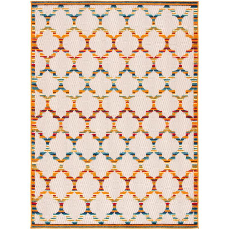 Ivory and Orange Geometric Synthetic Indoor/Outdoor Rug