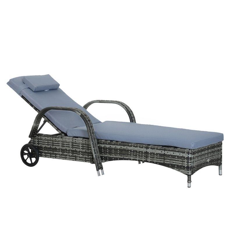 Outsunny Patio Wicker Chaise Lounge, PE Rattan Outdoor Lounge Chair with Cushion, Height Adjustable Backrest & Wheels