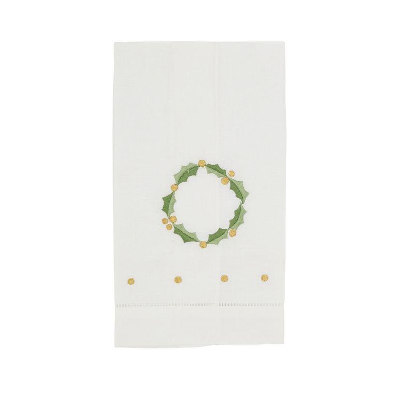 White Cotton Linen Holiday Hand Towels with Holly Leaf Embroidery, Set of 4