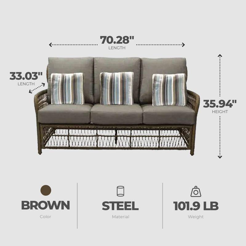 Four Seasons Courtyard Positano 3 Seater All Weather Wicker Loveseat with Powder Coated Steel Frame, Plush Cushions, and 3 Pillows, Beige