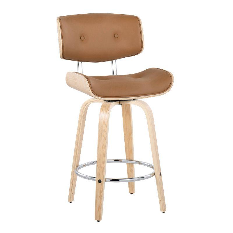 Set of 2 Lombardi Counter Height Barstools Natural/Chrome/Camel - LumiSource: Mid-Century Design, Swivel, Foam Padded