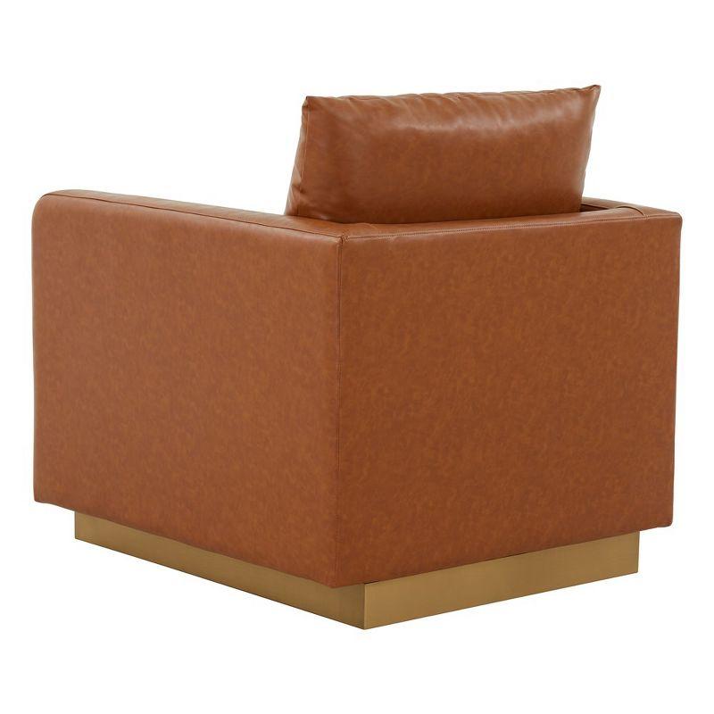 LeisureMod Nervo Accent Arm Chair Upholstered in Faux Leather with Gold Stainless Steel Frame in Cognac Tan