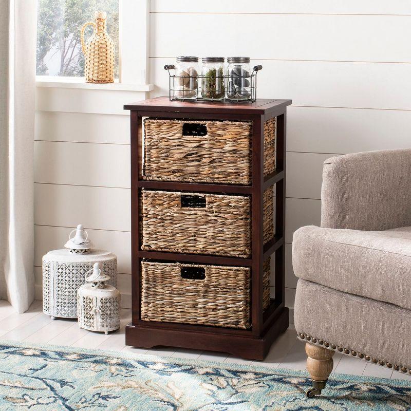 Transitional Brown Pine Wood Side Table with 3 Rattan Drawers