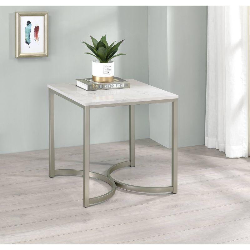 Leona 22" White Faux Marble and Silver Metal Square End Table