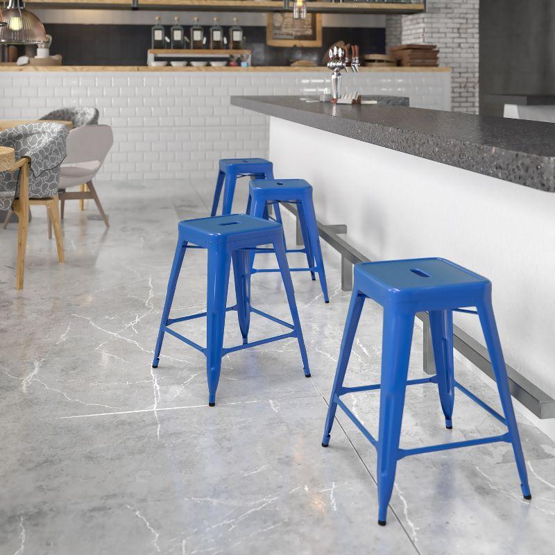 24" Blue Metal Backless Stackable Counter Stool