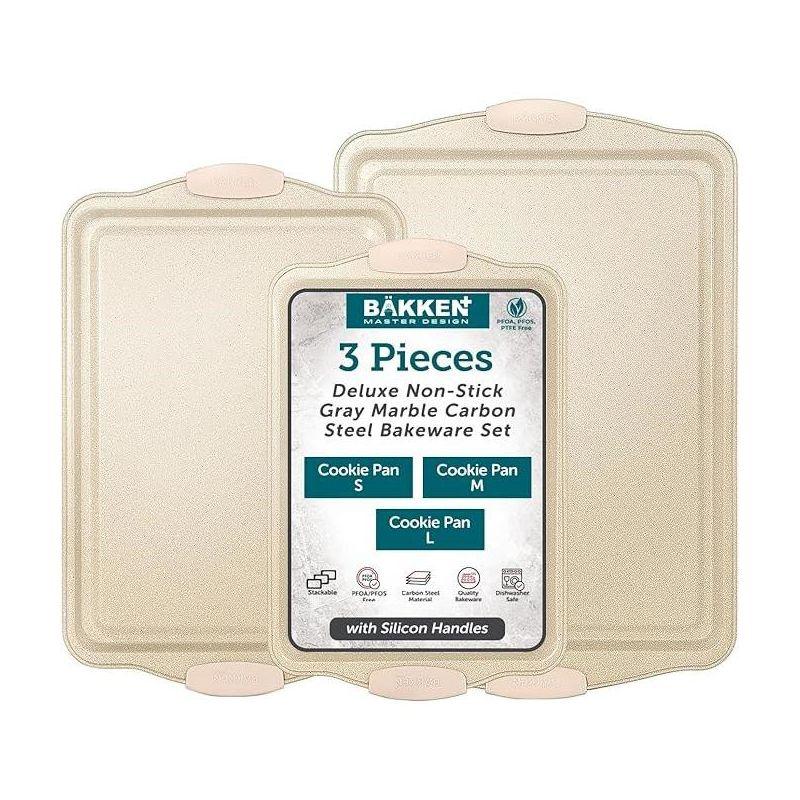 BAKKEN Deluxe Nonstick White Marble Baking Pans - Professional 3-Piece Carbon Steel Bakeware Set with Silicone Handles - Dishwasher Safe & Stackable