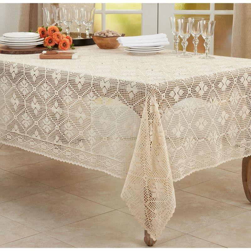 Saro Lifestyle Vintage Tablecloth With Crochet Design, Ecru, 65" x 88"