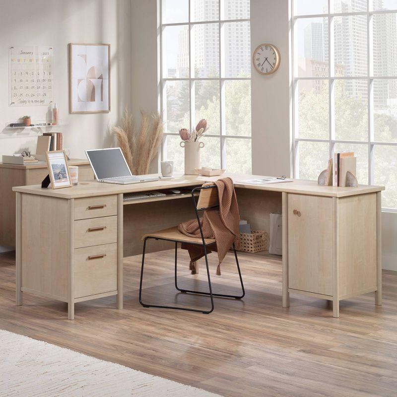 Natural Maple L-Shaped Computer Desk with Drawers and Keyboard Tray