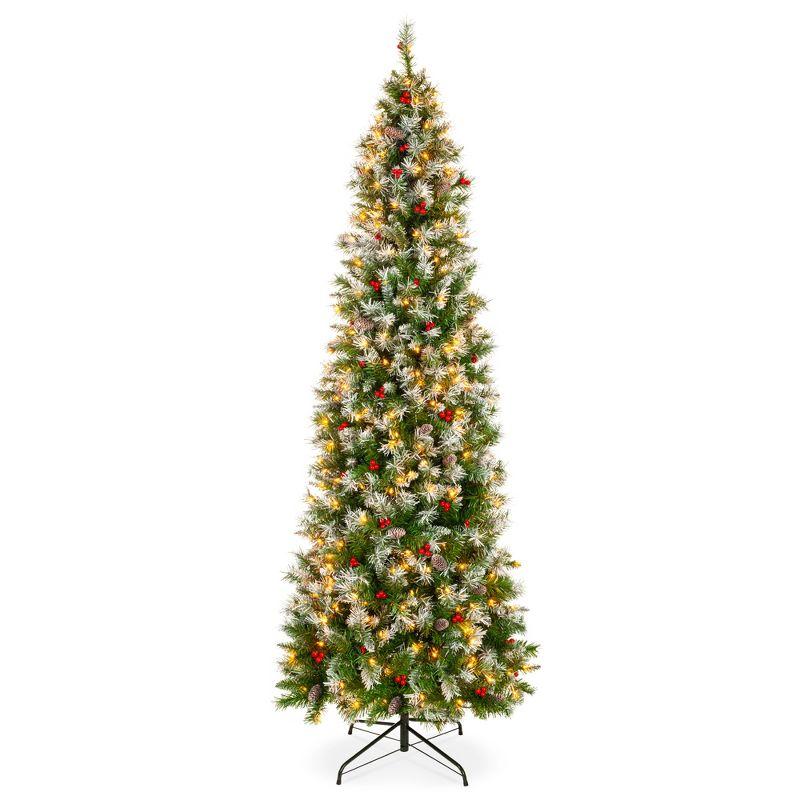 9ft Pre-Lit Frosted Pencil Christmas Tree with Pine Cones and Lights