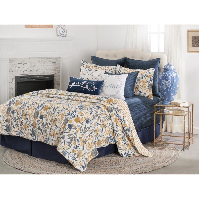 Reversible Blue and Yellow Floral Medallion Cotton Quilt Set, Full/Queen