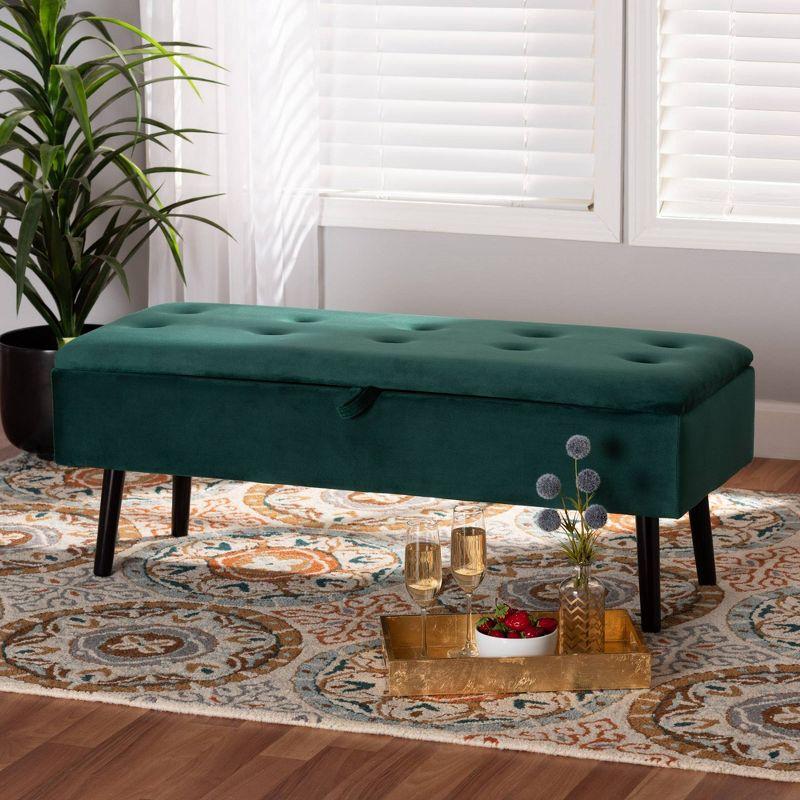 Caine Green Velvet Upholstered Storage Bench with Dark Wood Legs