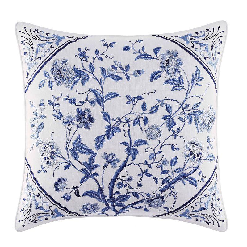 Charlotte Blue and White Square Embroidered Linen-Cotton Throw Pillow