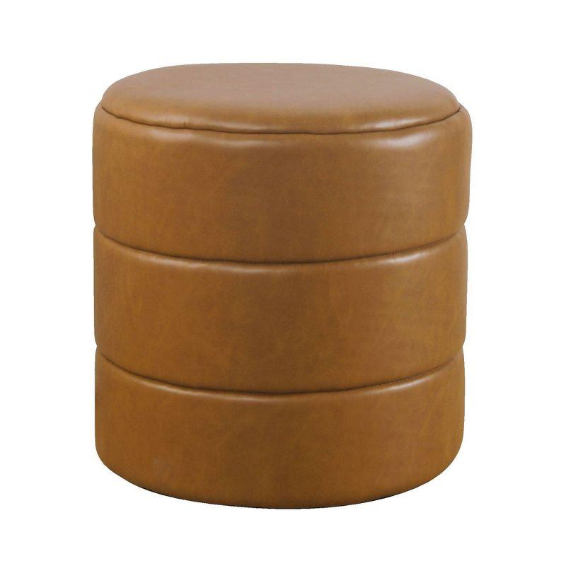 Round Upholstered Ottoman Caramel Faux Leather - HomePop: Channel Tufted, No Assembly Required