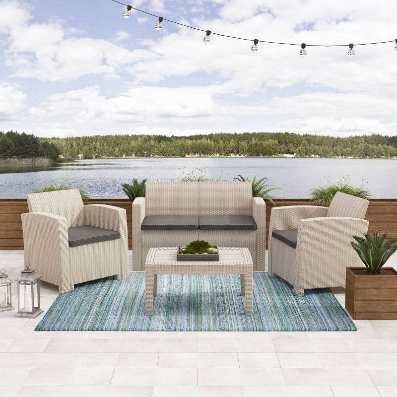 All-Weather 4-Person Beige Rattan Wicker Patio Conversation Set with Dark Gray Cushions