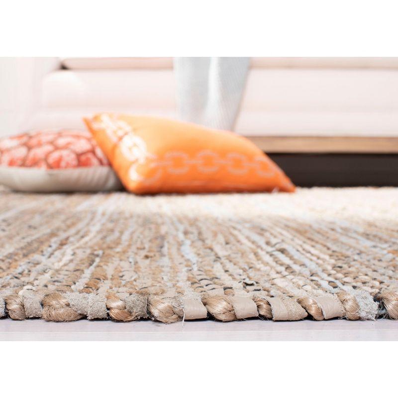 Beige Handwoven Leather Square Area Rug with Fringe