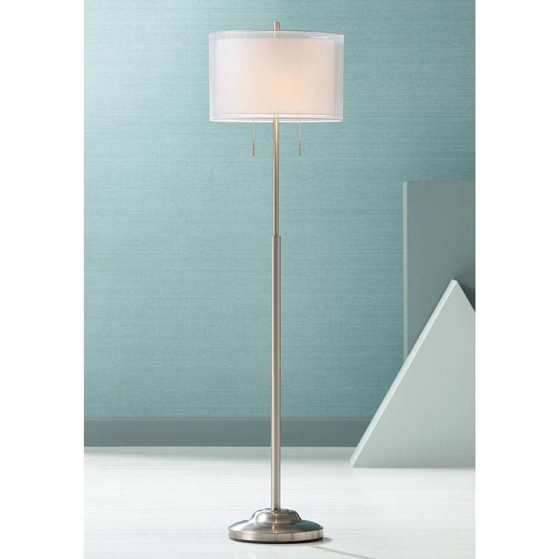 Possini Euro Design Roxie Modern Floor Lamp Standing 65 1/2" Tall Brushed Nickel Sheer Linen Double Drum Shade for Living Room Bedroom Office House