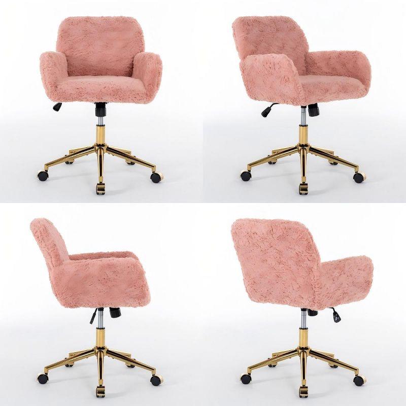 Pink Artificial Rabbit Fur Home Office Chair, Adjustable Swivel Desk Chair with Gold Metal Base and Wheels - The Pop Home