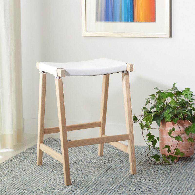 Sawhorse-Inspired White Leather and Natural Wood Counter Stool