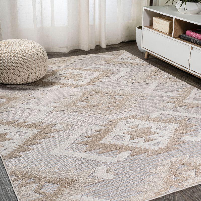 3'x5' Sumak High-Low Pile Neutral Diamond Kilim Indoor/Outdoor Area Rug, Beige/Gray - JONATHAN Y