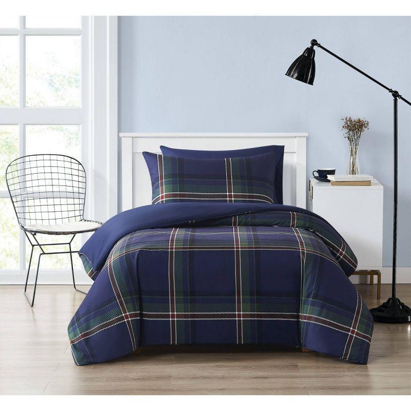 Twin Blue Microfiber Reversible Plaid Bedspread Set