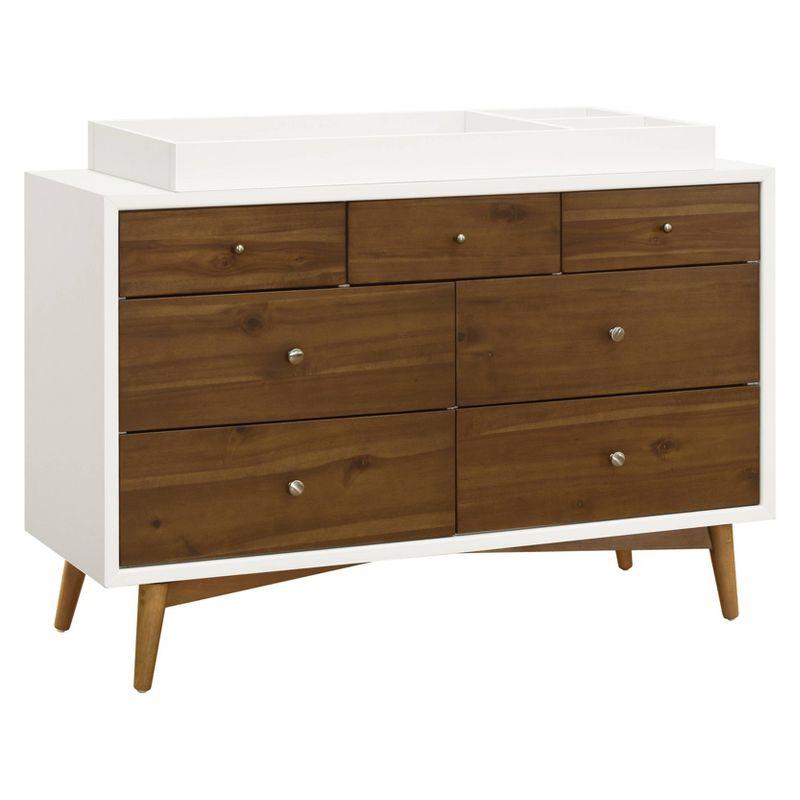 Warm White and Natural Walnut Mid-Century Double Dresser with Tapered Legs