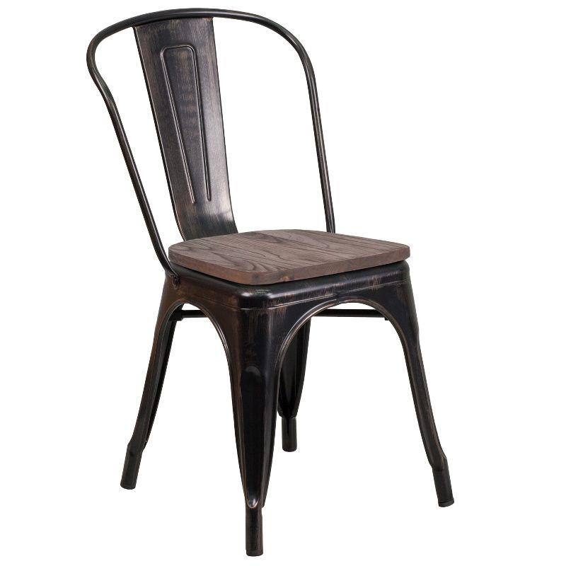 Rustic Black-Antique Gold Metal Stackable Side Chair with Wood Seat