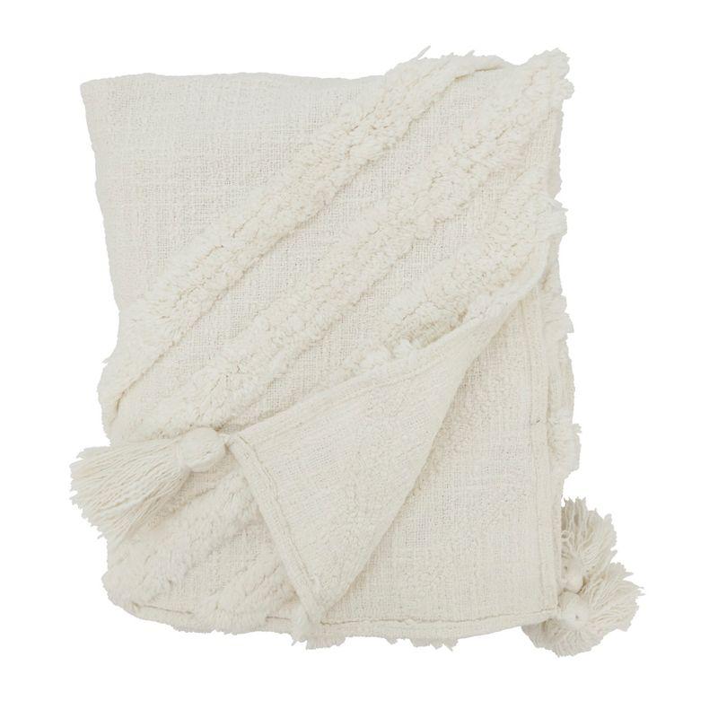 White Cotton Textured Tufted Throw with Tassels