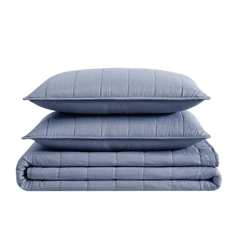 2pc Twin/Twin Extra Long Garment Wash Solid Quilt Set Blue - London Fog: Microfiber Bedding with OEKO-TEX Certified