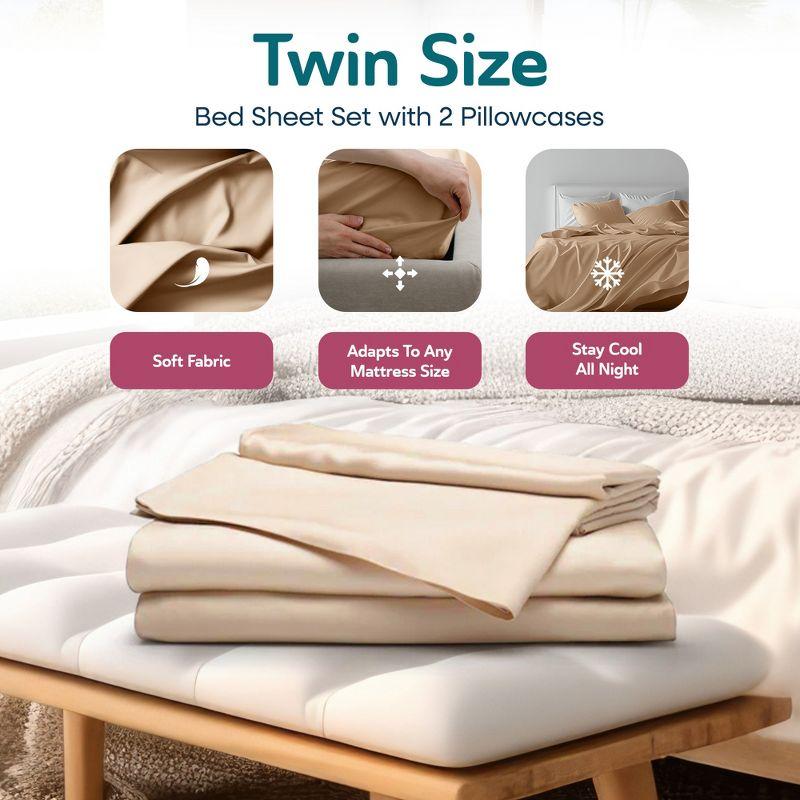 Sleepgram Bed Viscose from Bamboo Fiber Twin Bed Sheet Set with Flat Sheet, Fitted Sheet, and 2 Pillowcases, Made From Organic Bamboo, Sand