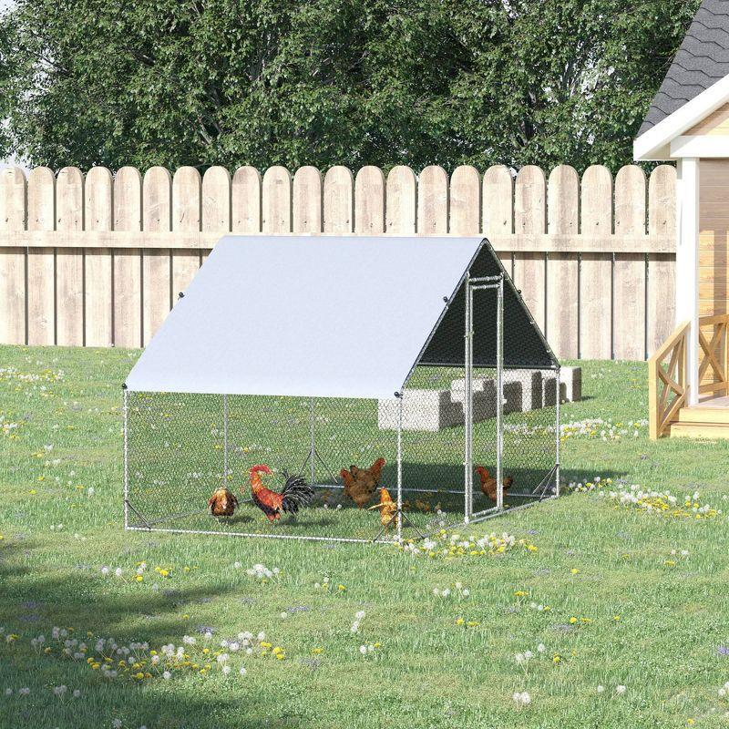 PawHut Large Metal Chicken Coop, Walk-in Poultry Cage Galvanized Hen Playpen House with Cover and Lockable Door for Outdoor, Backyard Farm, Silver