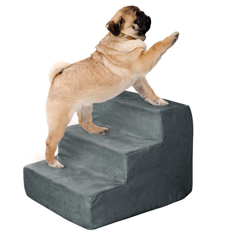 Gray 3-Step Foam Pet Stairs with Microfiber Cover