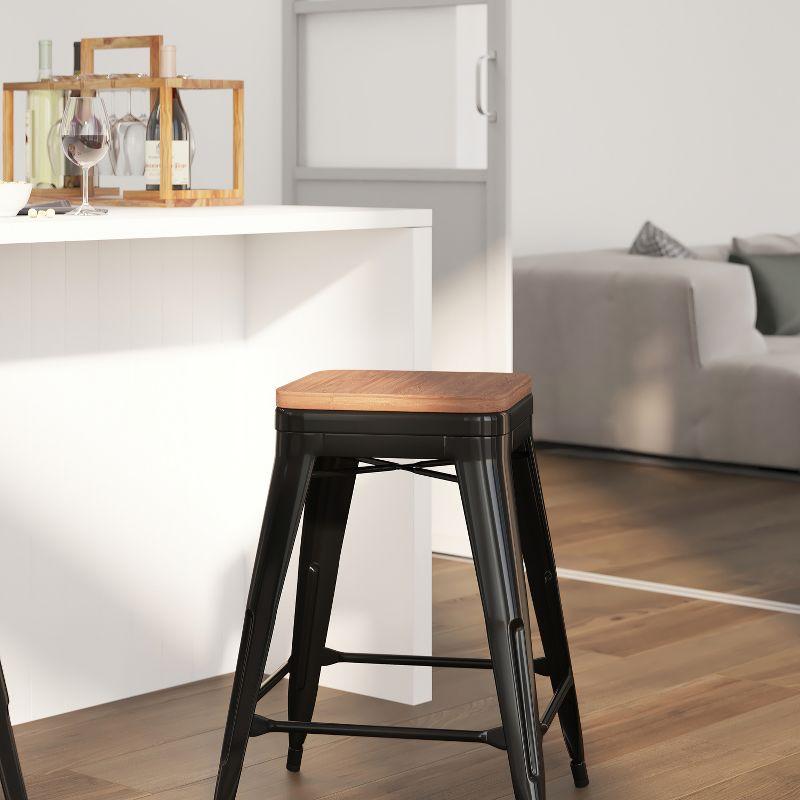 Merrick Lane Backless Metal Dining Stool with Wooden Seat for Indoor Use