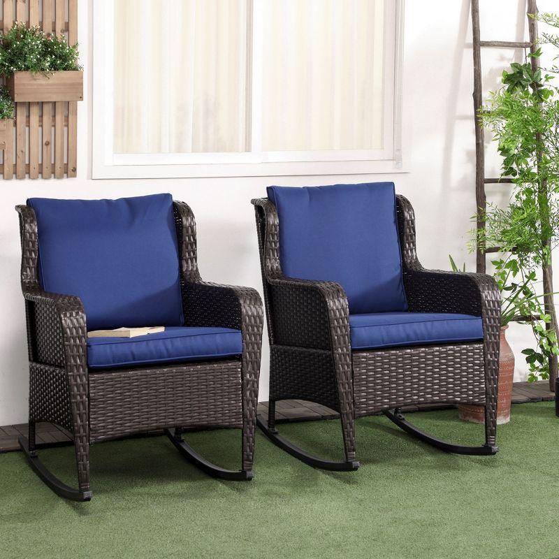 Outsunny 2 Piece Patio Wicker Rocking Chairs, Outdoor PE Rattan Swing Chairs w/ Soft Cushions for Garden, Patio, Lawn, Dark Blue