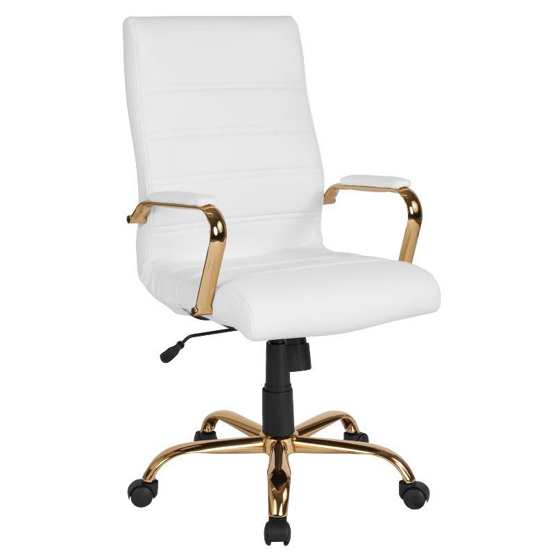 High Back White Leather Executive Swivel Office Chair with Gold Metal Frame