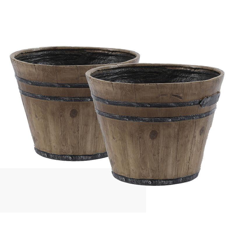 Rustic Farmhouse Barrel-Style Brown MgO Planter Set of 2