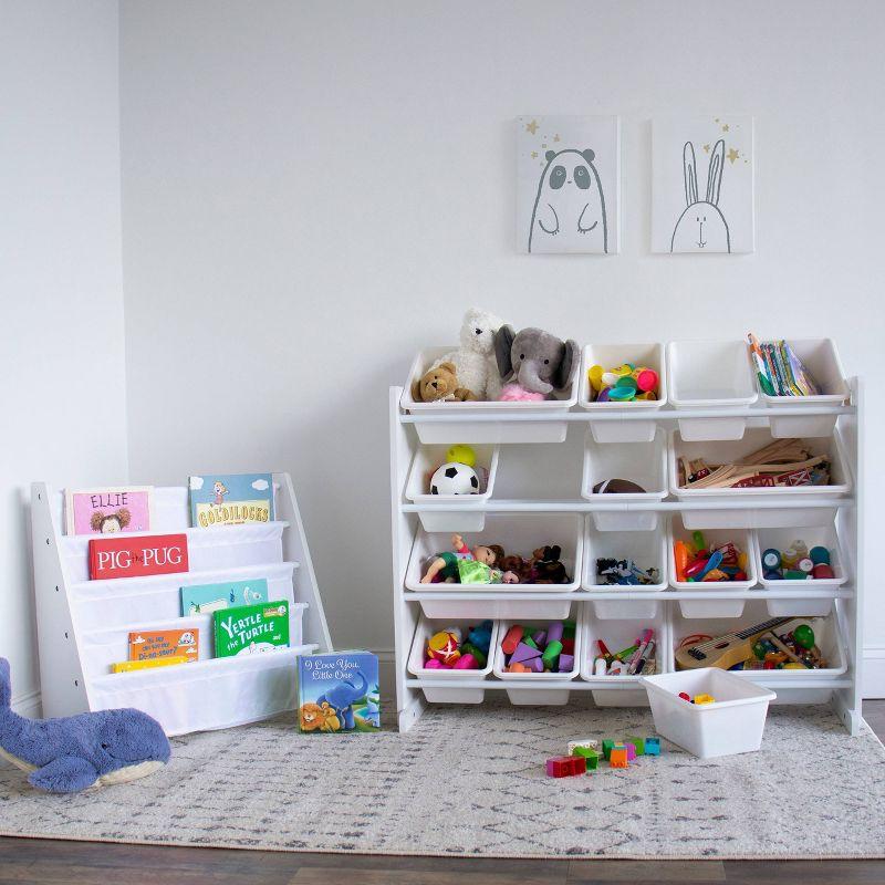 White 4-Tier Kids Book Rack with Fabric Pockets