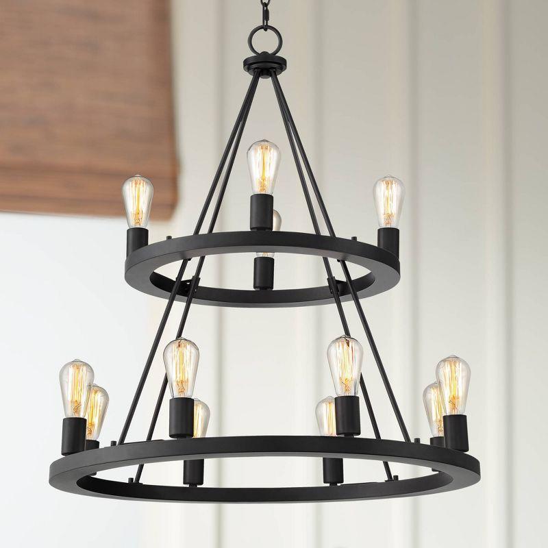 Franklin Iron Works Lacey Black Wagon Wheel Chandelier 29 1/4" Wide Industrial Rustic LED 2-Tier 12-Light Fixture for Dining Room Foyer Kitchen Island