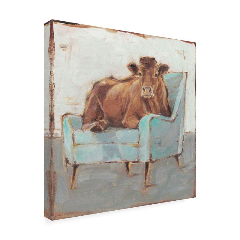 Brown Cow on Teal Chair Canvas Print, 18x18