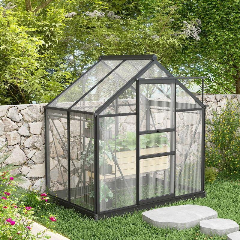 Outsunny 6.2' x 4.3' x 6.6' Polycarbonate Greenhouse, Heavy Duty Outdoor Aluminum Walk-in Green House Kit with Vent & Door for Backyard Garden, Gray