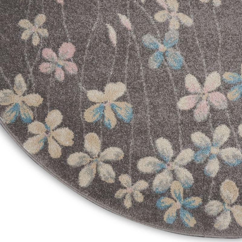 Handmade Round Grey and Beige Floral Synthetic Area Rug