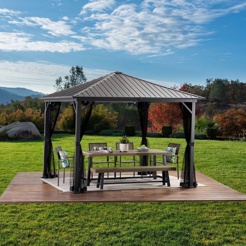 Pablo 10' x 10' Black Aluminum Hardtop Gazebo with Mosquito Netting