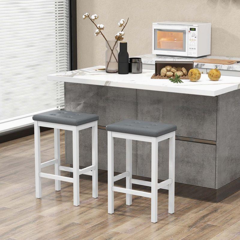 Set of 2 Gray and White Wood Bar Stools with Padded Seats