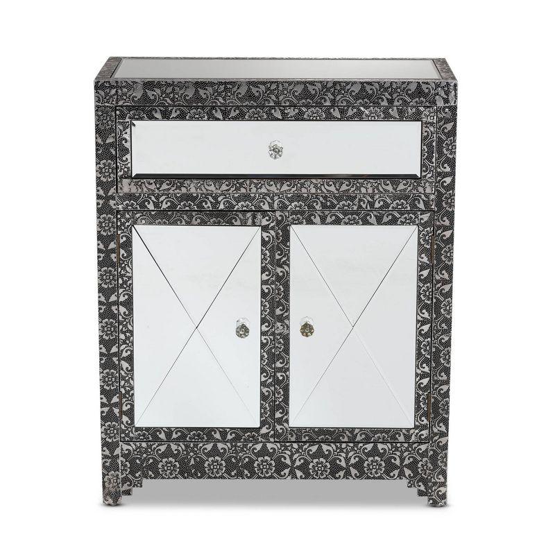 Wycliff Metal and Mirrored Glass 1 Drawer Sideboard Buffet Dark Gray/Silver - Baxton Studio: Embossed Trim, Fully Assembled