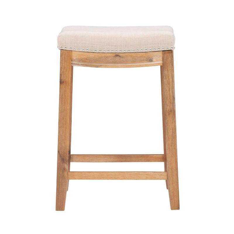Claridge Backless Nailhead Saddle Acacia Counter Height Barstool Natural - Linon: Chic Beige Linen Seat, Rubberwood